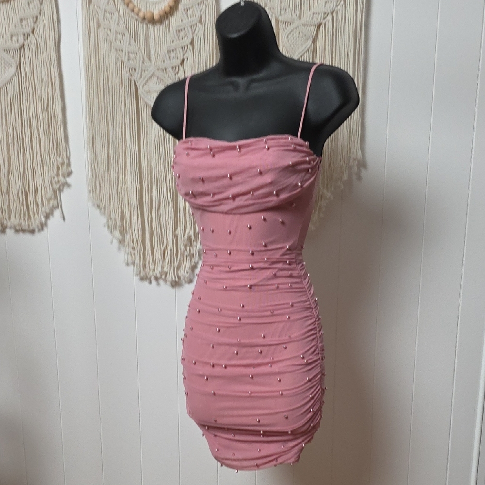 Pink Pearl Beaded Ruched Mini Dress – Size XS – Worn Once